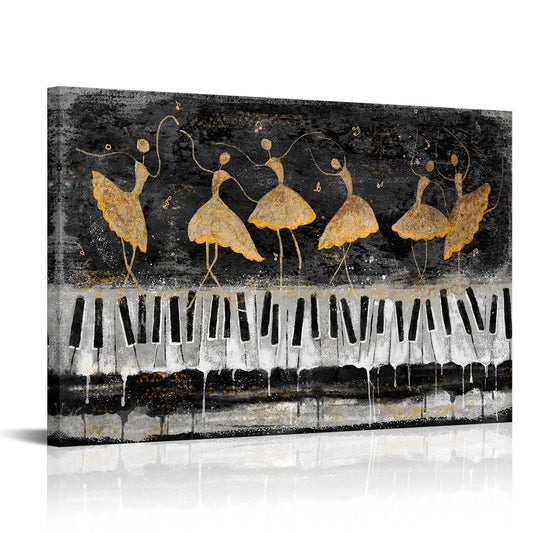 Conipit Music Theme Canvas Art Abstract Music Dancing Girl Picture Prints Black White Gold Piano Keys Artwork for Music Room Studio Instrument Shop Decor 24''x36'' Framed